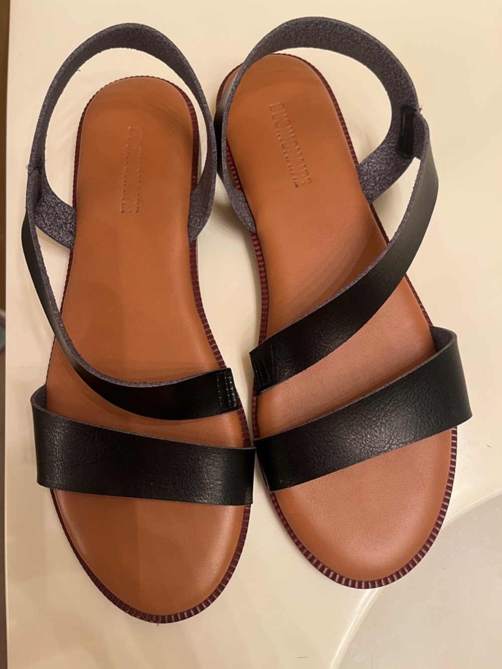 Cushionaire Women's Black Strappy Sandals with Tan Footbed